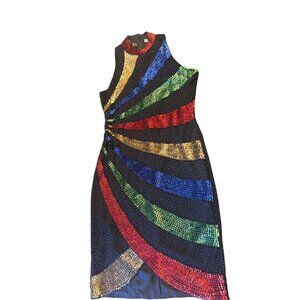 Vintage 80s Laurence Kazar Sequin Dress Multicolor Rainbow Design Silk M Disco